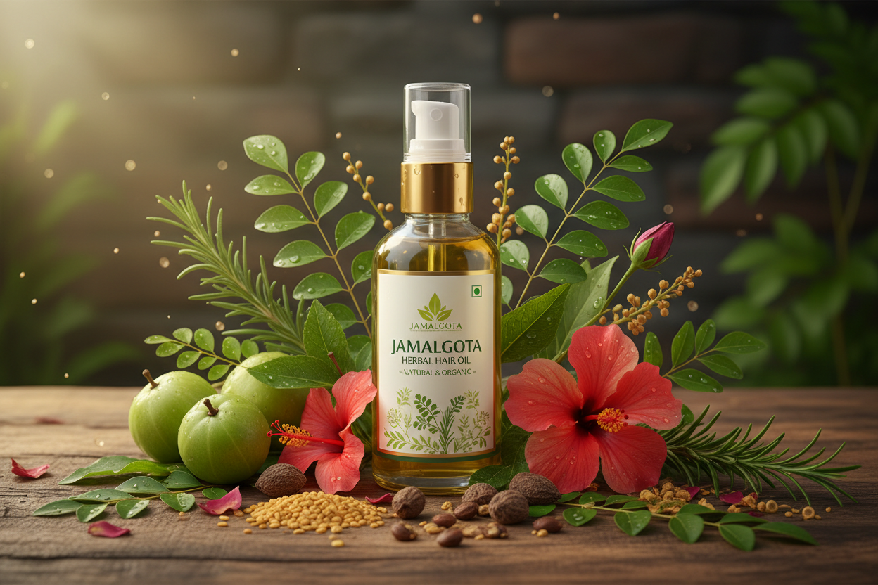Create a banner image for our jamalgota herbal hair oil add some natural theme and herbs to show our product is natural