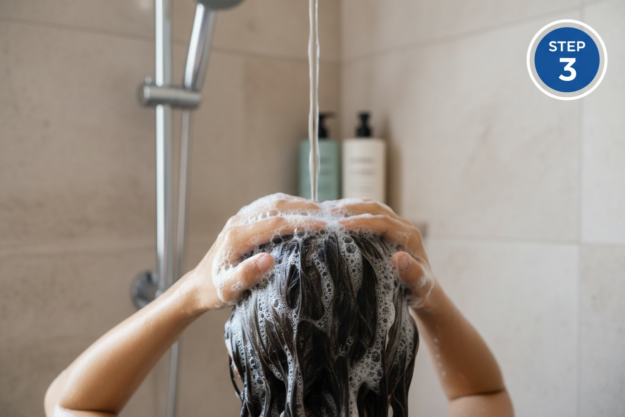 now-wash-your-hair and step-3 mark in corner